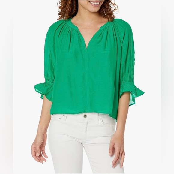 Velvet by Graham & Spencer Green Ruffled 3/4 Sleeve Blouse Top M Bohemian Boho - Picture 3 of 12